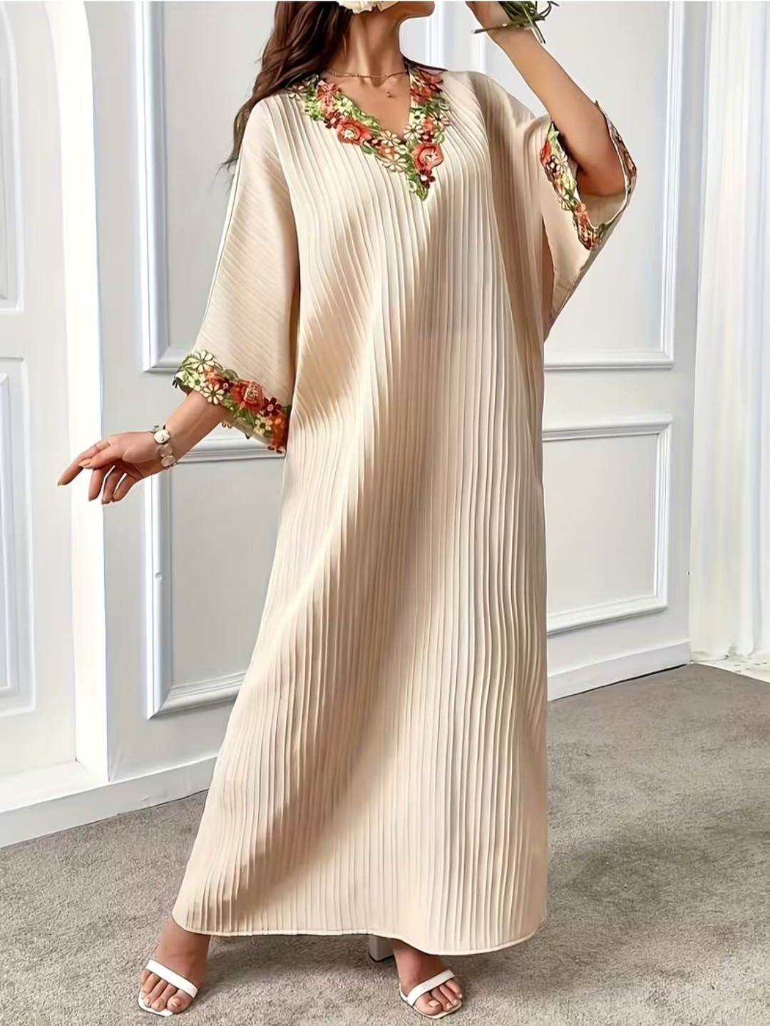Handmade Women’s Beige/Gold Kaftan Dress, XL Pleated, Embroidered, Maxi