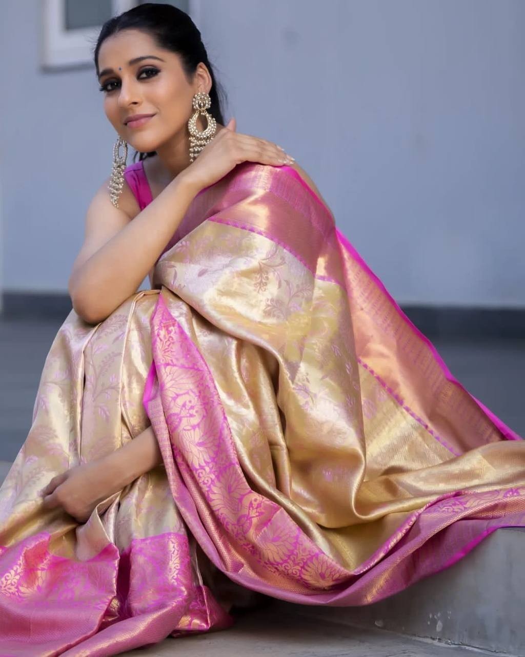 Wedding Wear Golden Beige Pink Lichi Silk Saree Jacquard Weaving Indian Ethnic