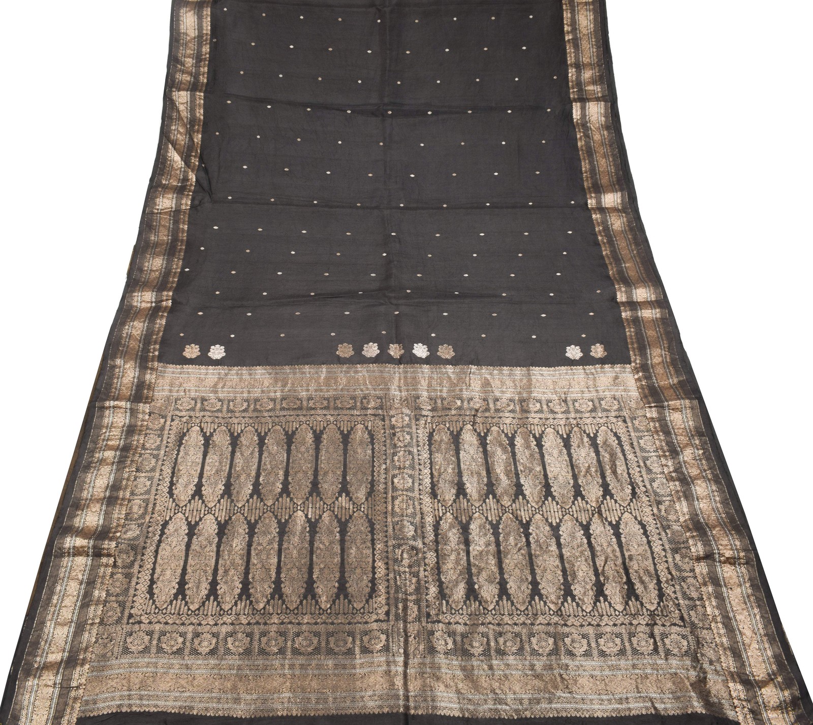 Sushila Vintage Black Pure Silk Saree Gold Silver Zari Brocade Kanjivaram Sari F