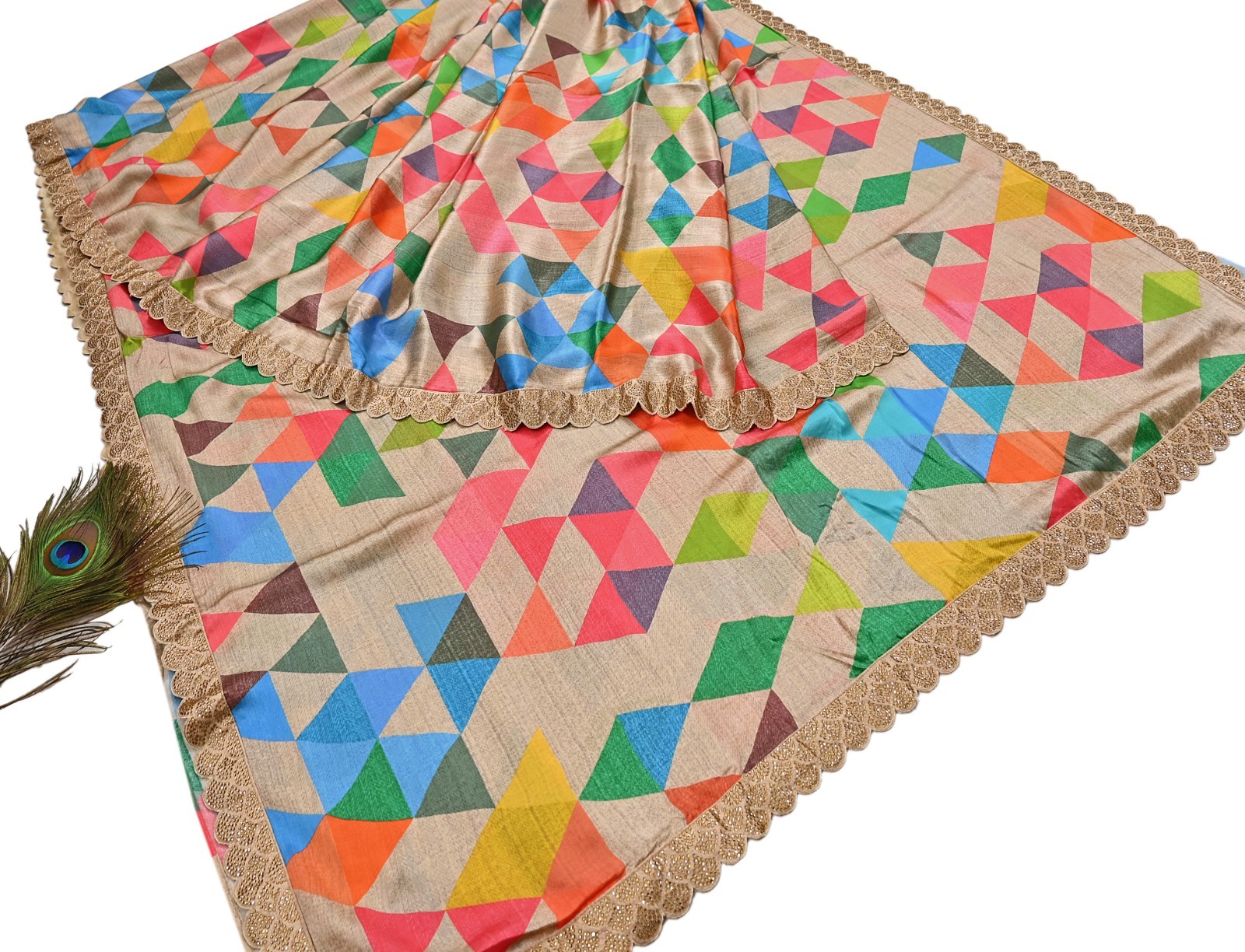 Rare Vintage Multi Pure Satin Silk Saree Hand Embroidered Fabric 5.5 Yards Sari