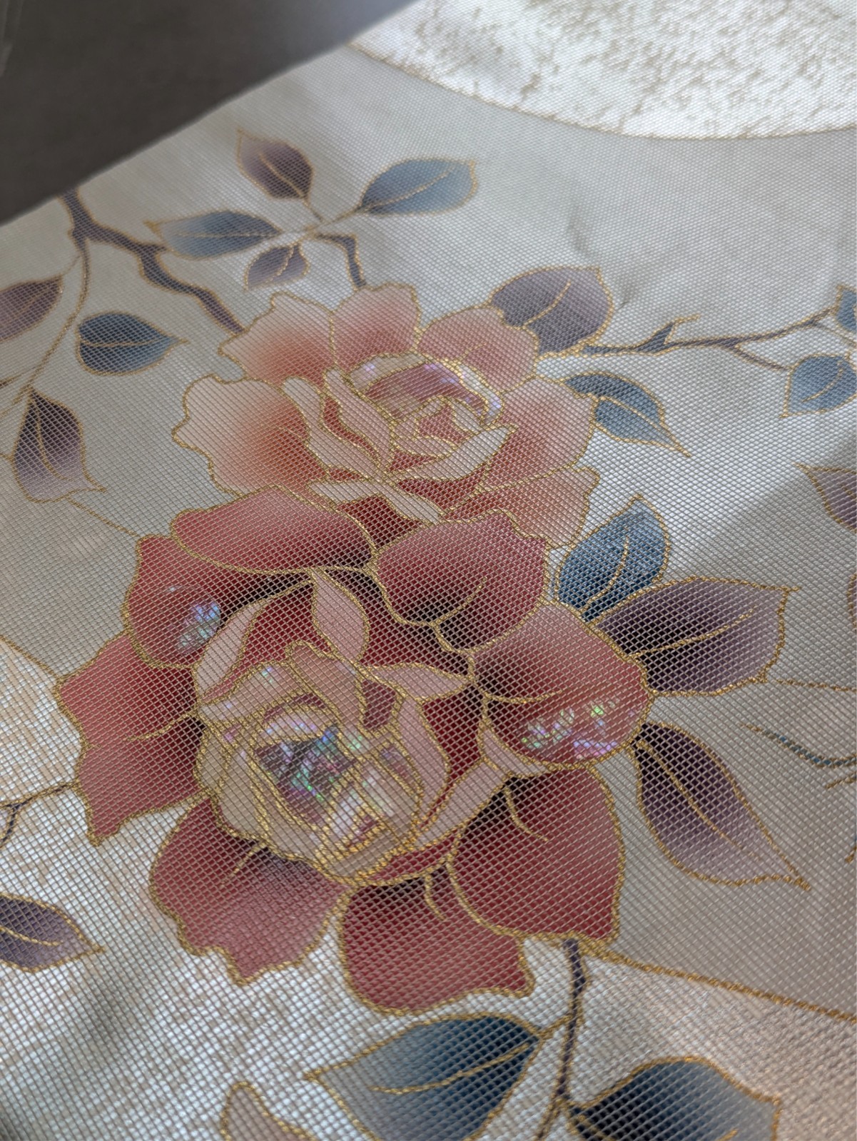 Vintage Japanese Kimono Silk Nagoya Obi Silver Pink Pearl Foil Floral Textile