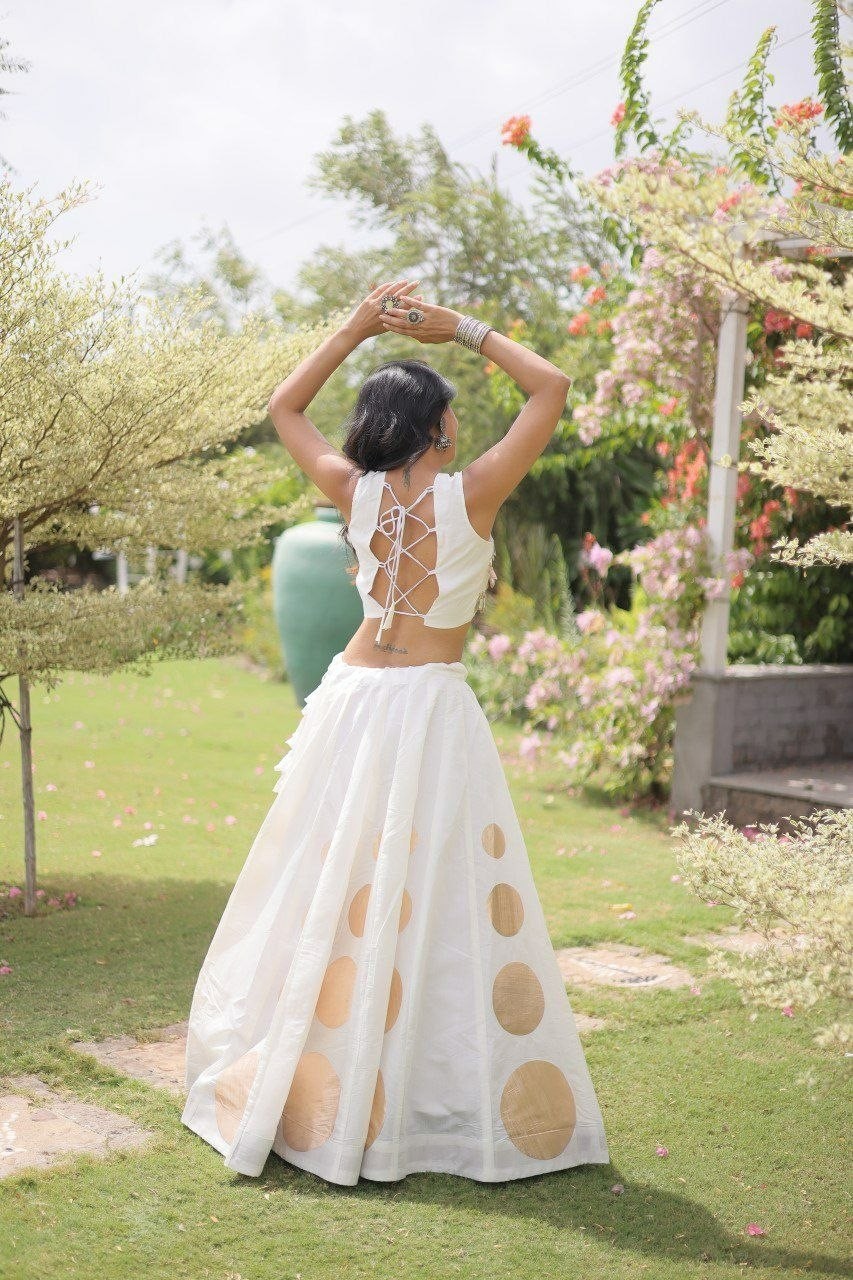 White Roman Silk Lehenga Choli Mirror Lace Gota Patti Wedding Party Wear