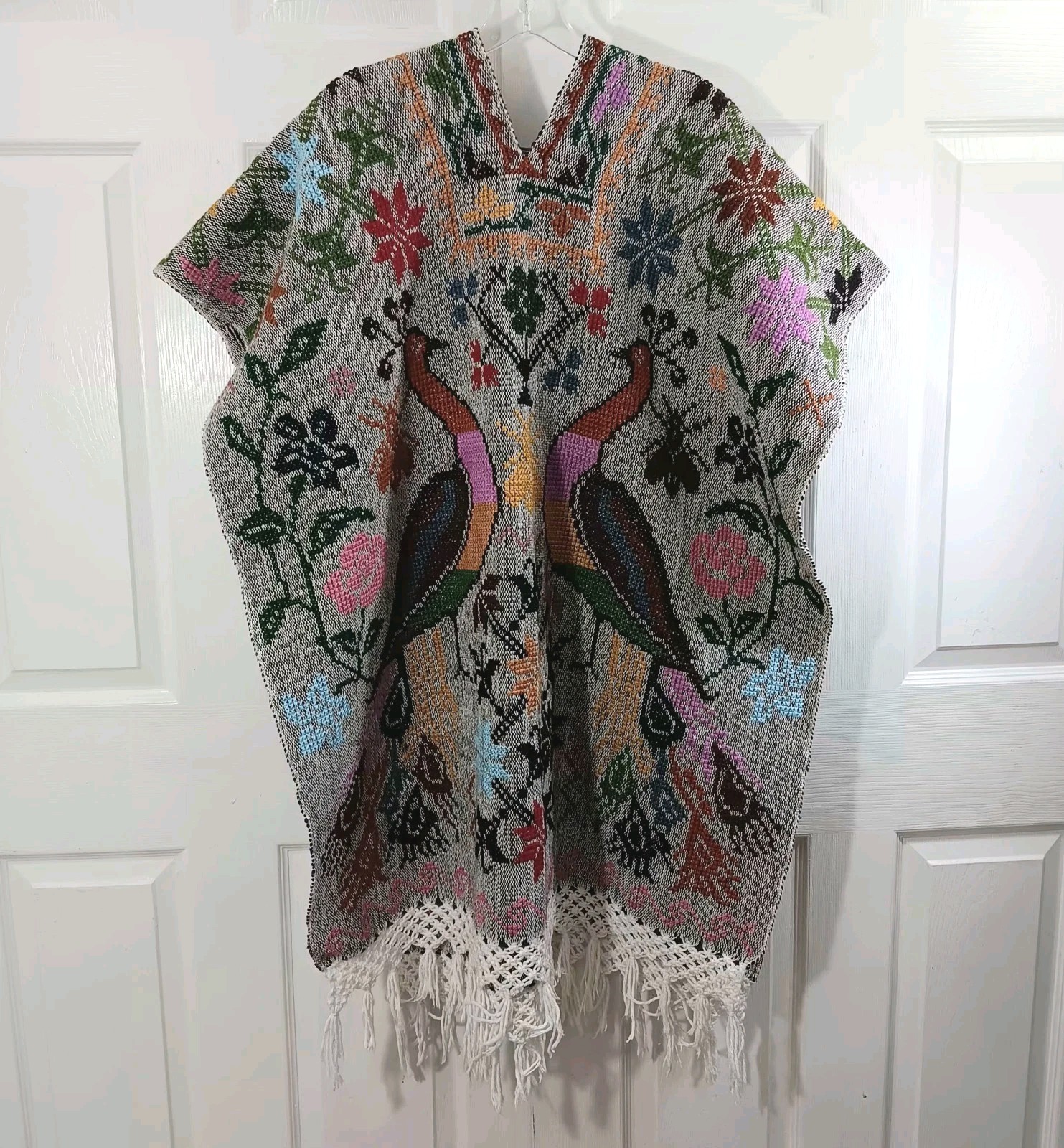 VTG Mexican Hand Embroidered Gaban Poncho Cape With Peacock Design Fringe Boho