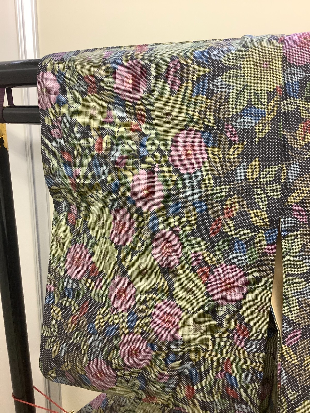Japanese Vintage Kimono Polyester Black Flower Expensive Dirt Height 59.05in