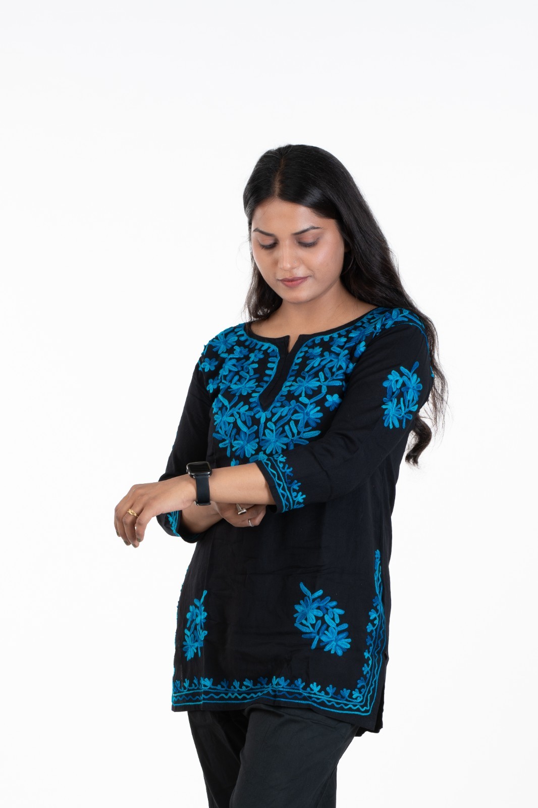 Black Cotton Kurti with Aari Embroidery | Boho Indian Tunic | Ethnic Top Women