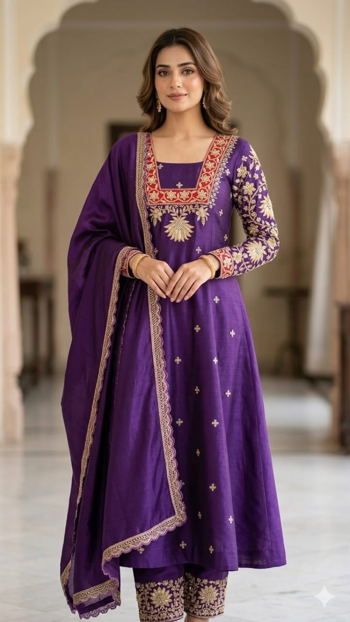 Custom Size Purple Hand Embroidered Salwar Suit Set with Dupatta –…
