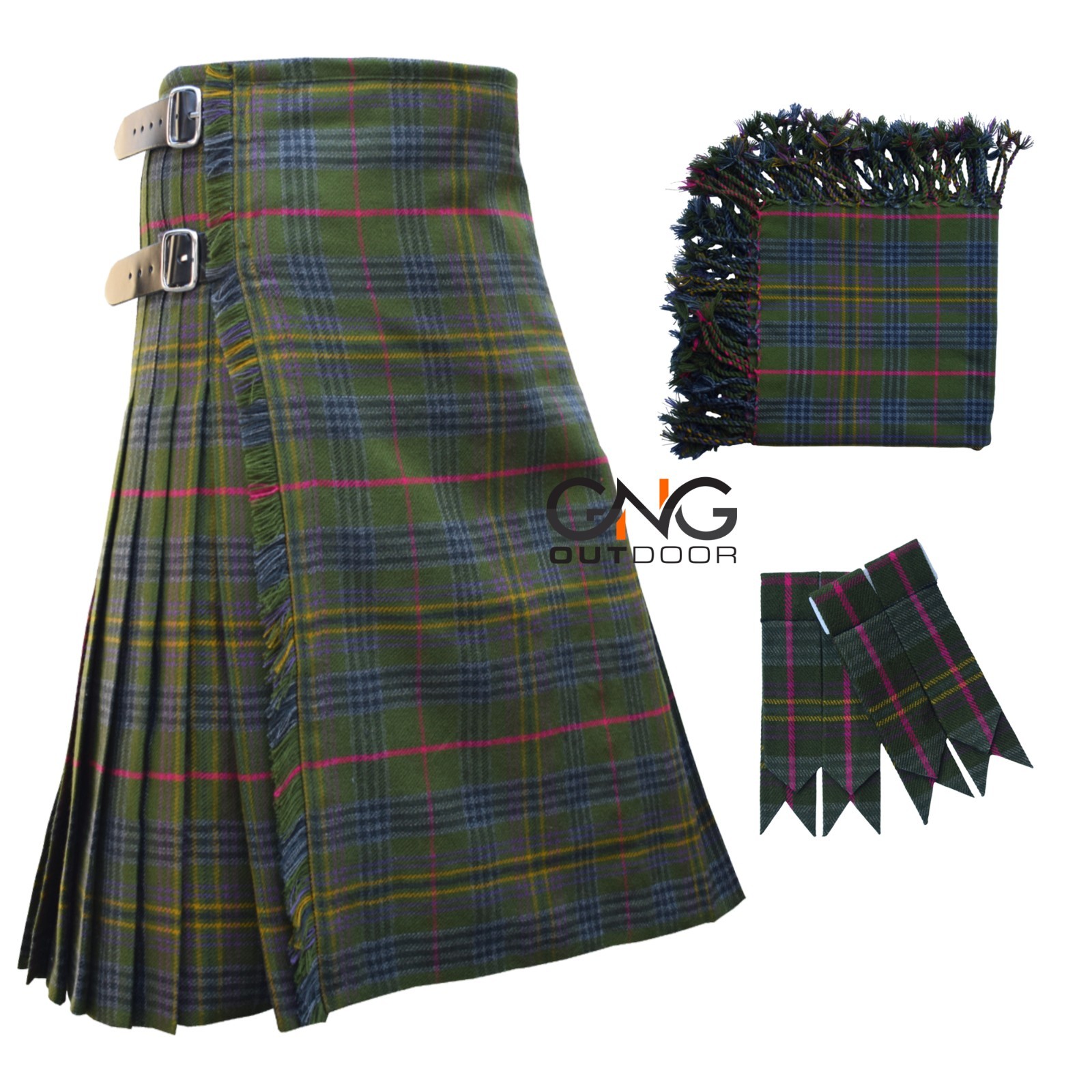 Scottish Kennedy Weathered 8 Yard Kilt for Men with Flashes and Fly Plaid