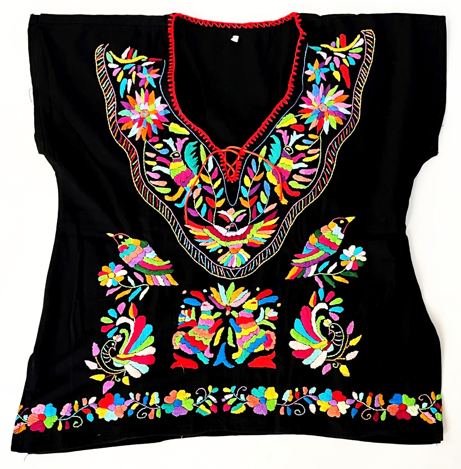 MEXICAN BLACK COLORFUL HANDMADE EMBROIDERED HUIPIL WOMAN’S MEDIUM BLOUSE SHIRT
