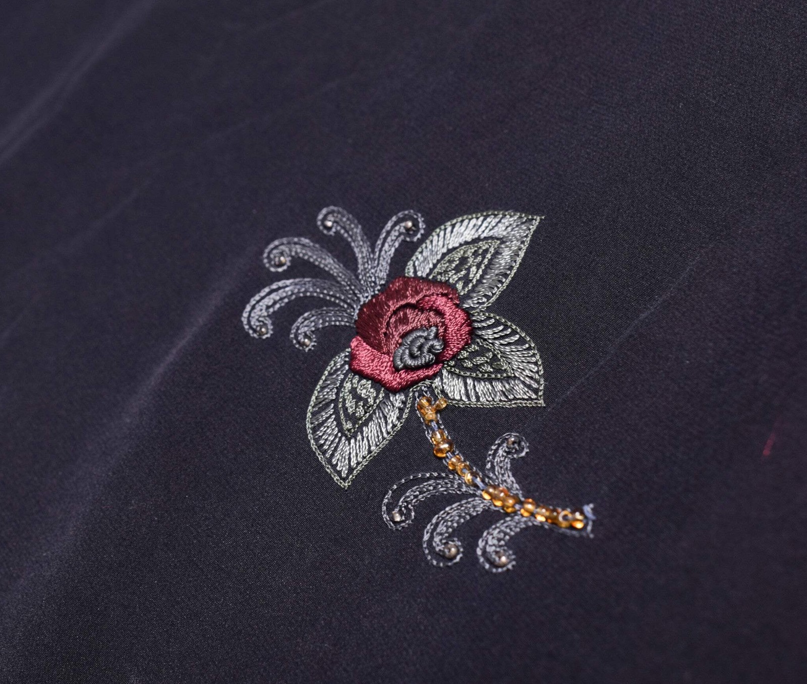 Sushila Vintage HEAVY Black Saree Pure Crepe Silk Hand Embroidered Sari Fabric