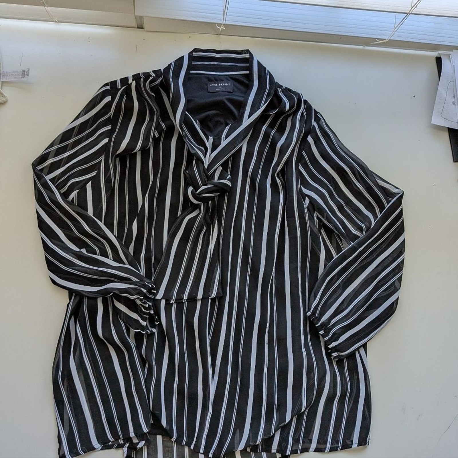 Lane Bryant Black & White Striped Sheer Tie-Neck Blouse | Size 16