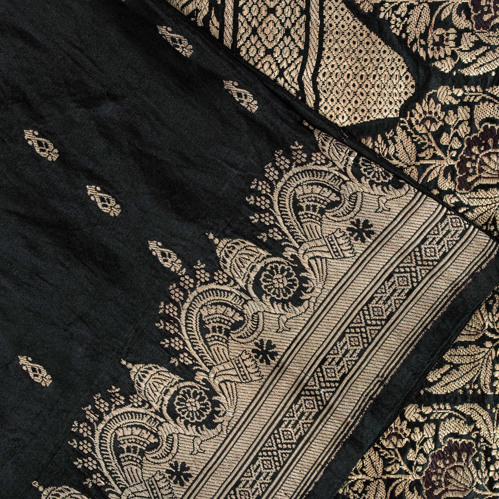 Sanskriti Vintage Black Pure Satin Sarees Banarasi Brocade Zari Hand-Woven 5+Yd