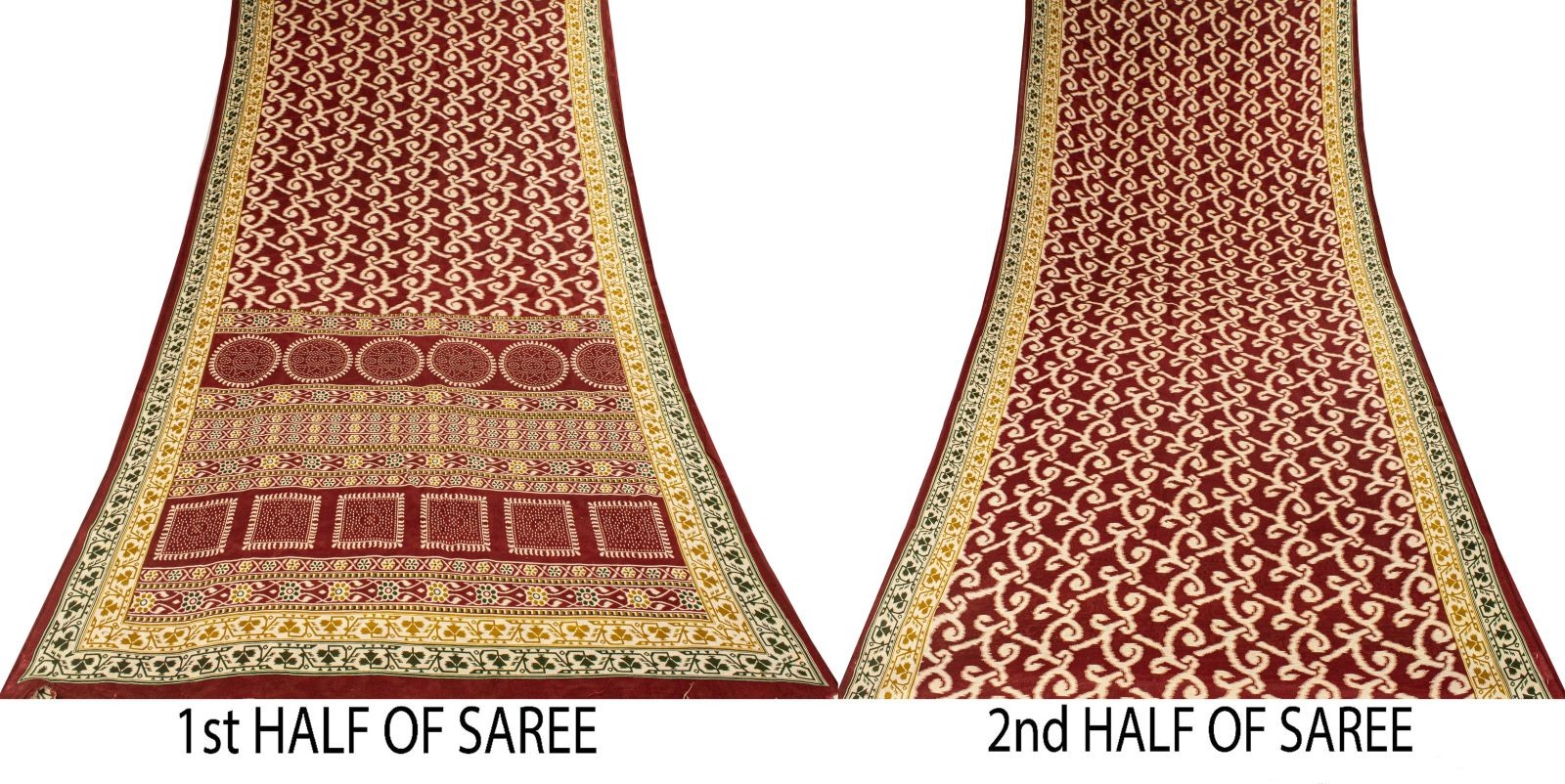 Sanskriti Vintage Saree Red 100% Pure Cotton Ikat-Jamdani Print Sari 5+Yd Fabric