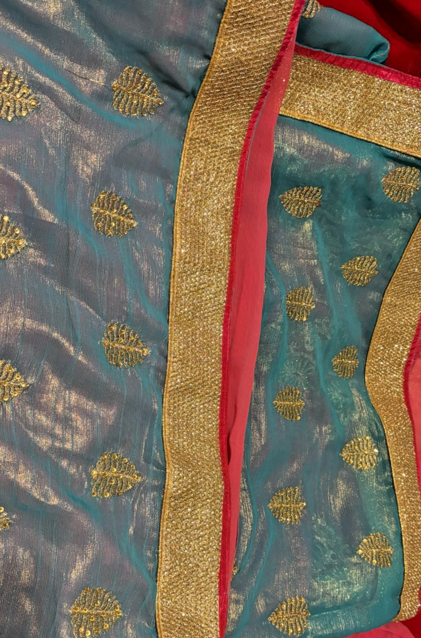 Bollywood Saree Shimmer Teal Blue Pink Heavy Gold Border motif Ready Blouse