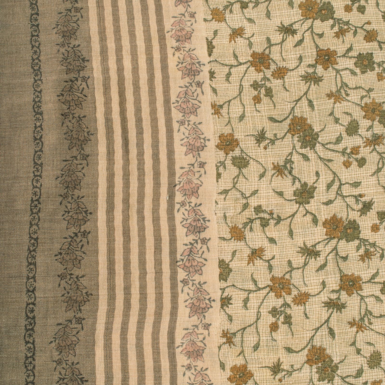 Sanskriti Vintage Pure Woolen Cream Saree Fabric Sanganeri Hand Block Print Sari