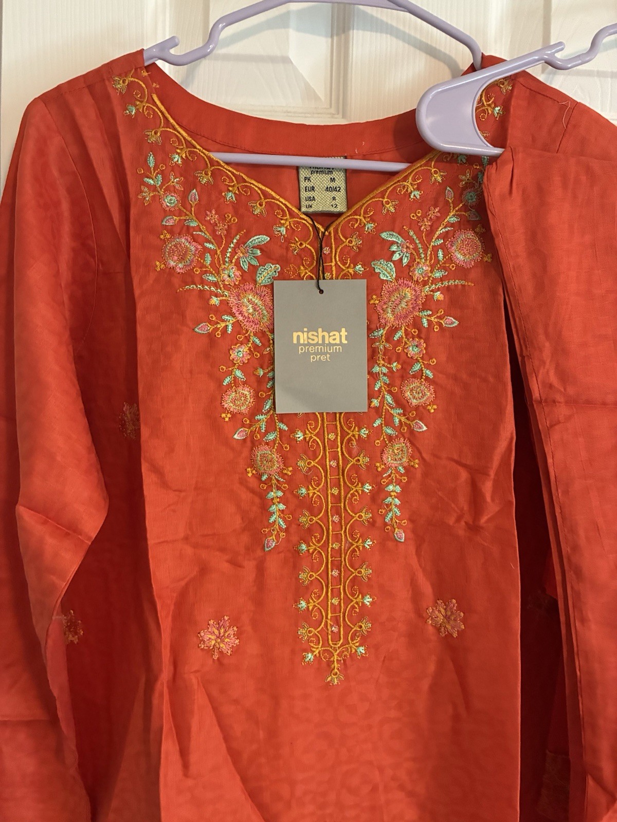 Nishat Women’s Embroidered Cotton Kurta Pants Set Orange Size M
