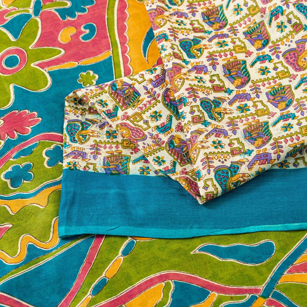 Sanskriti Vintage Sarees Ivory Pure Cotton Women Print 5+Yd Craft Supplies Sari