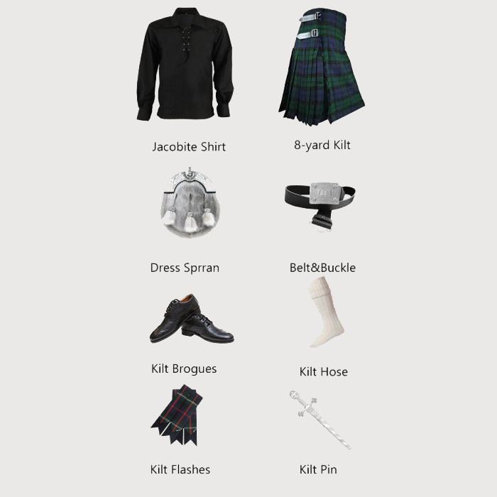 Men Ghillie Jacobite Shirt Kilt Outfit Set Casual Scottish Wedding Highland Wear