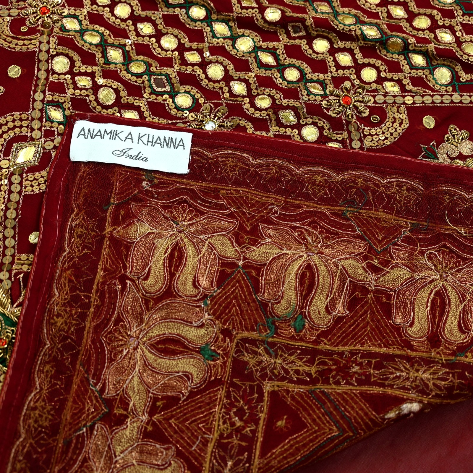 Pre-owned Sari Maroon Pure Georgette Silk Hand Embroidered Anamika Khanna sarees