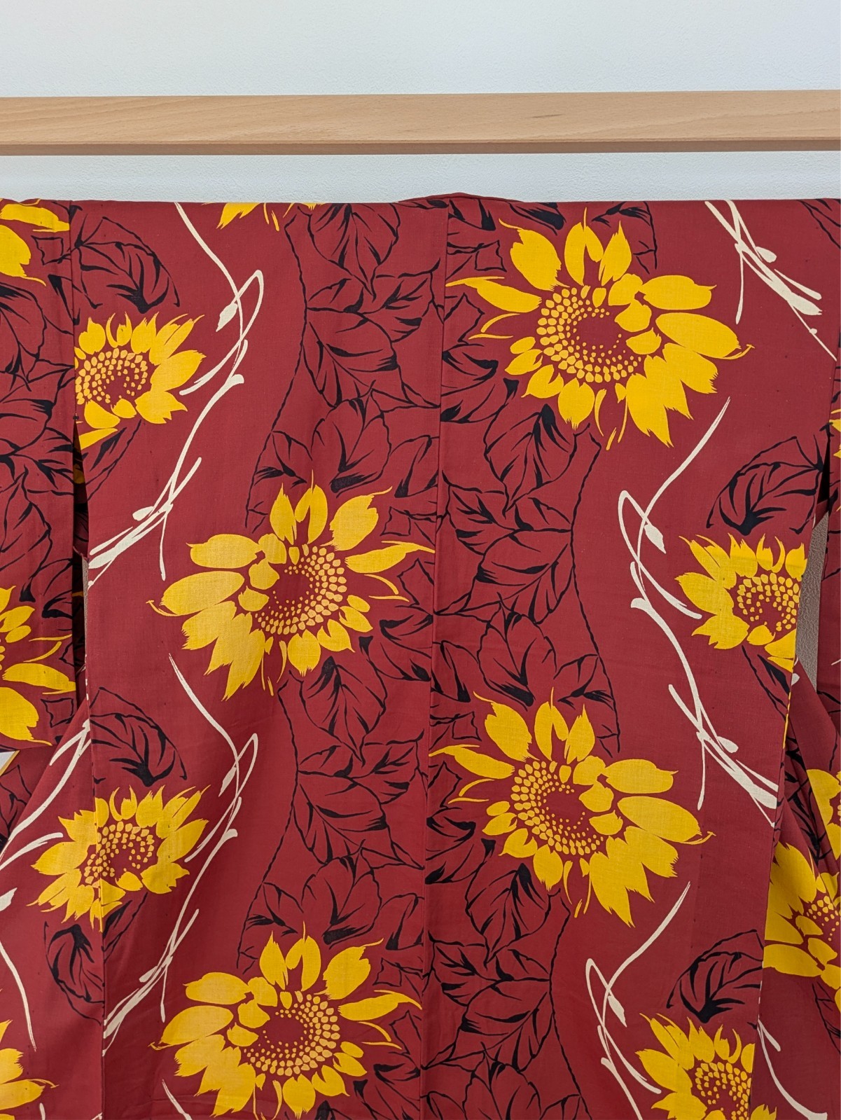 Japanese Kimono Cotton Yukata Dark Red Yellow Black Sunflower Floral Summer Wear