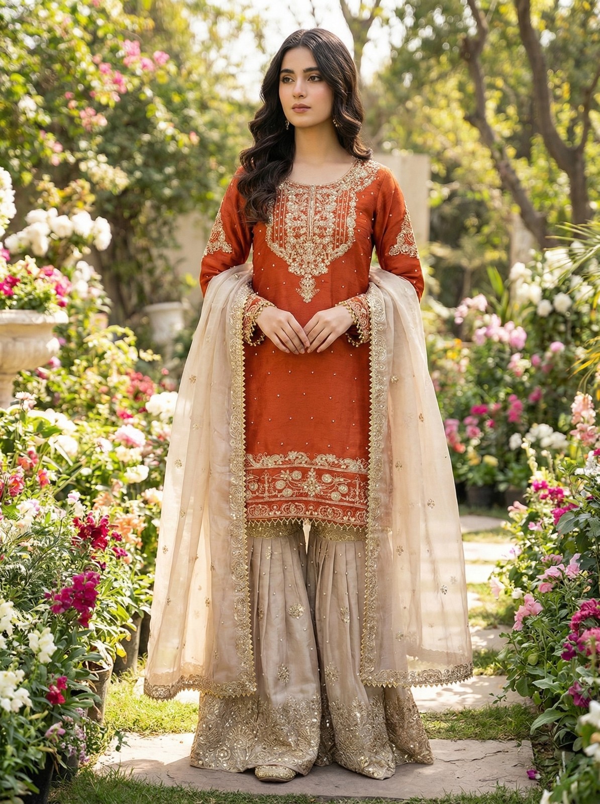 PUNJABI SHARARA ORANGE COLOR KURTI PLAZZO SALWAR KAMEZ WOMEN READY MADE DESIGNER