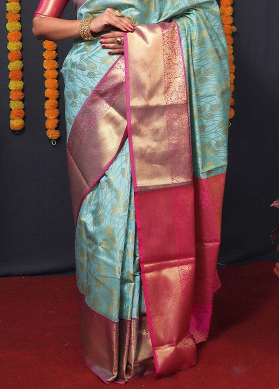 Woven Kanjivaram Jacquard, Pure Silk Saree (Light Blue)