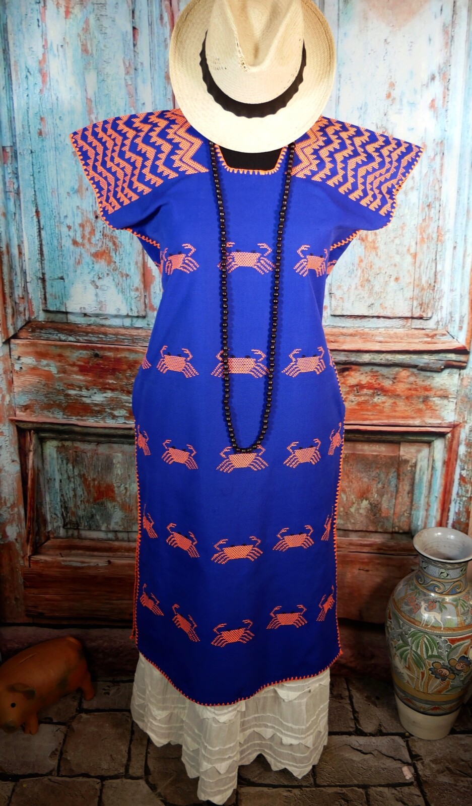M/L Huipil Kaftan Handwoven Blue & Orange Crabs San Juan Colorado Oaxaca Mexico