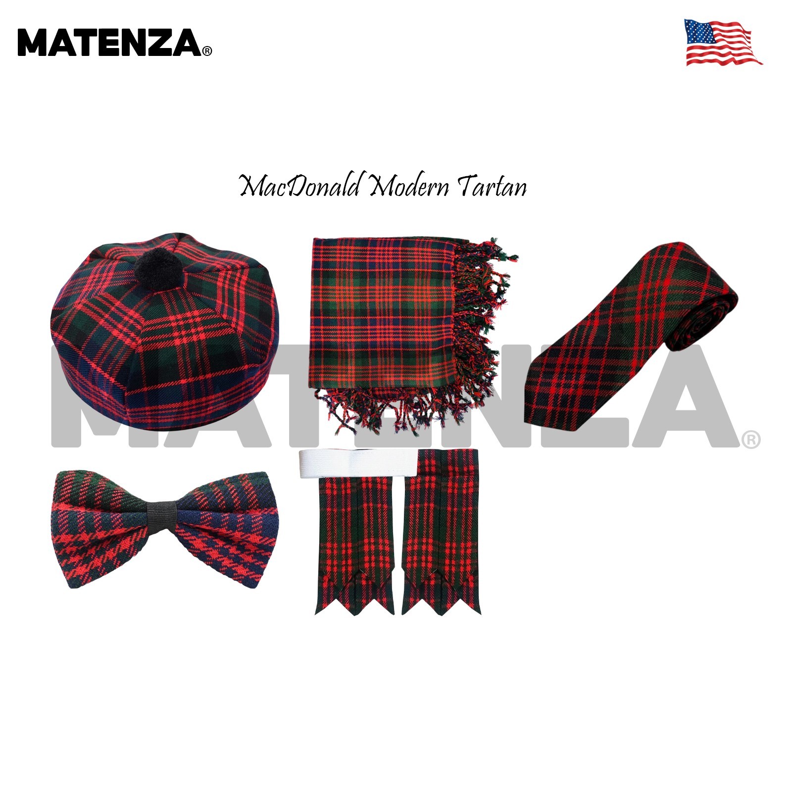 MacDonald Tartan Kilt Accessories Set 5Pc Scottish Highland Wear