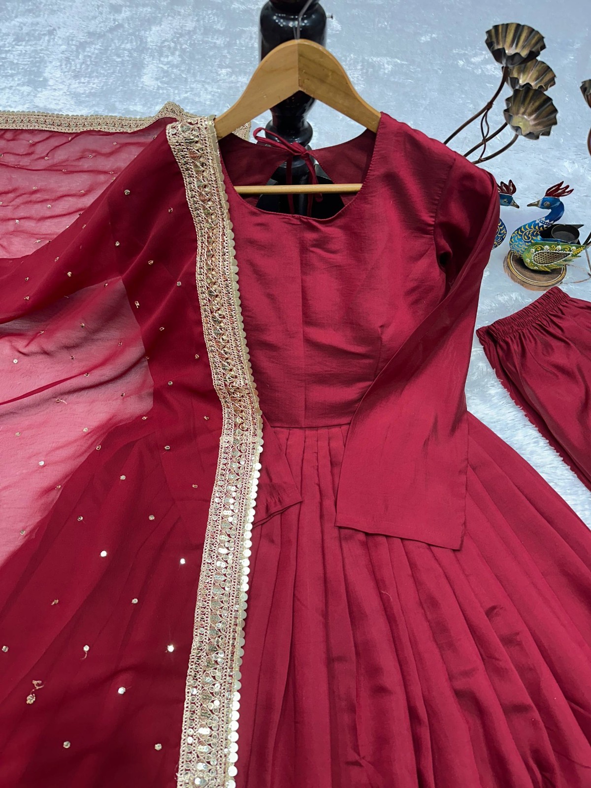 Ethnic Wear Heavy Roman Silk Maroon Gown Bottom With Dupatta For Women