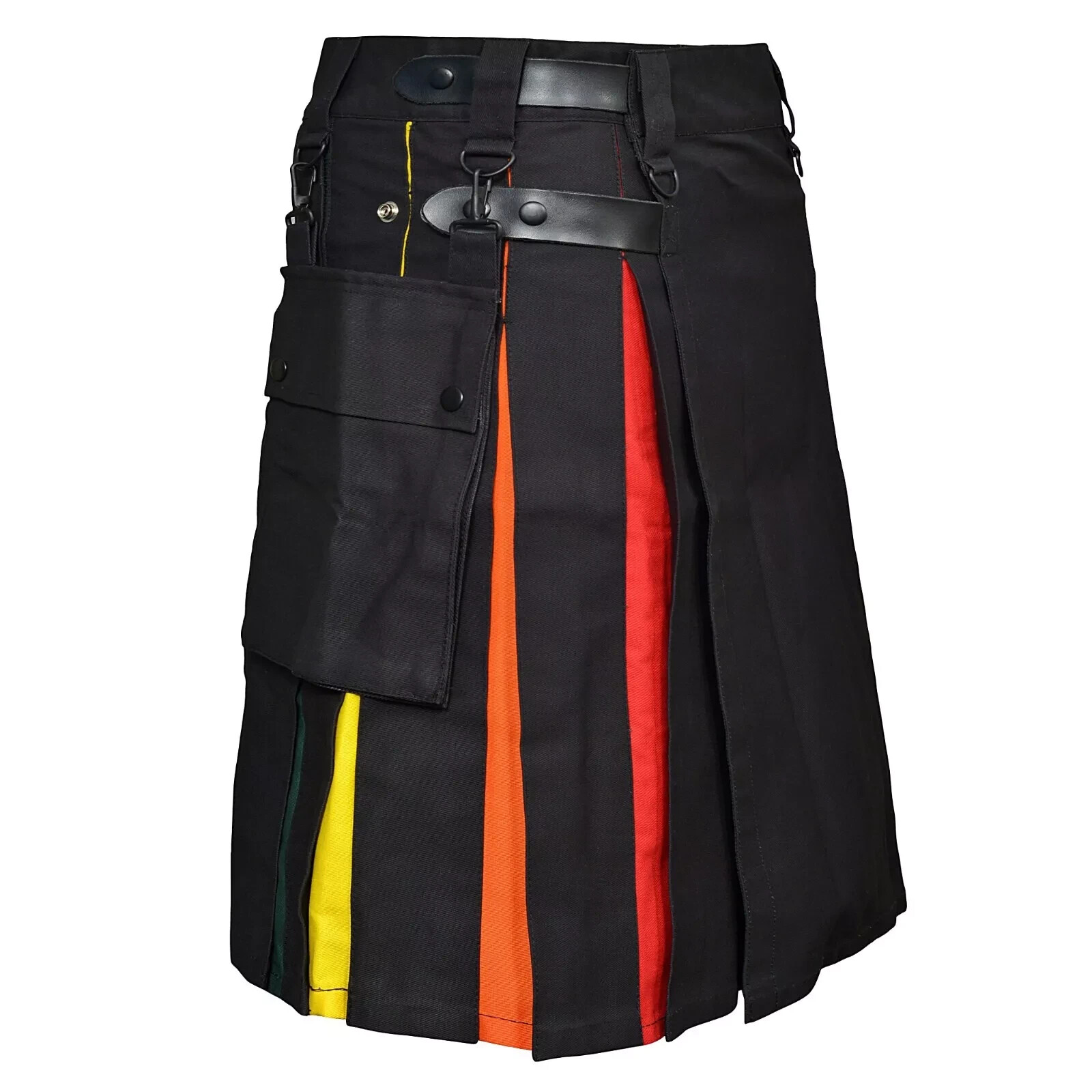 New Men’s Black Hybrid Utility Kilt with Rainbow Pleats and Detachable Pockets