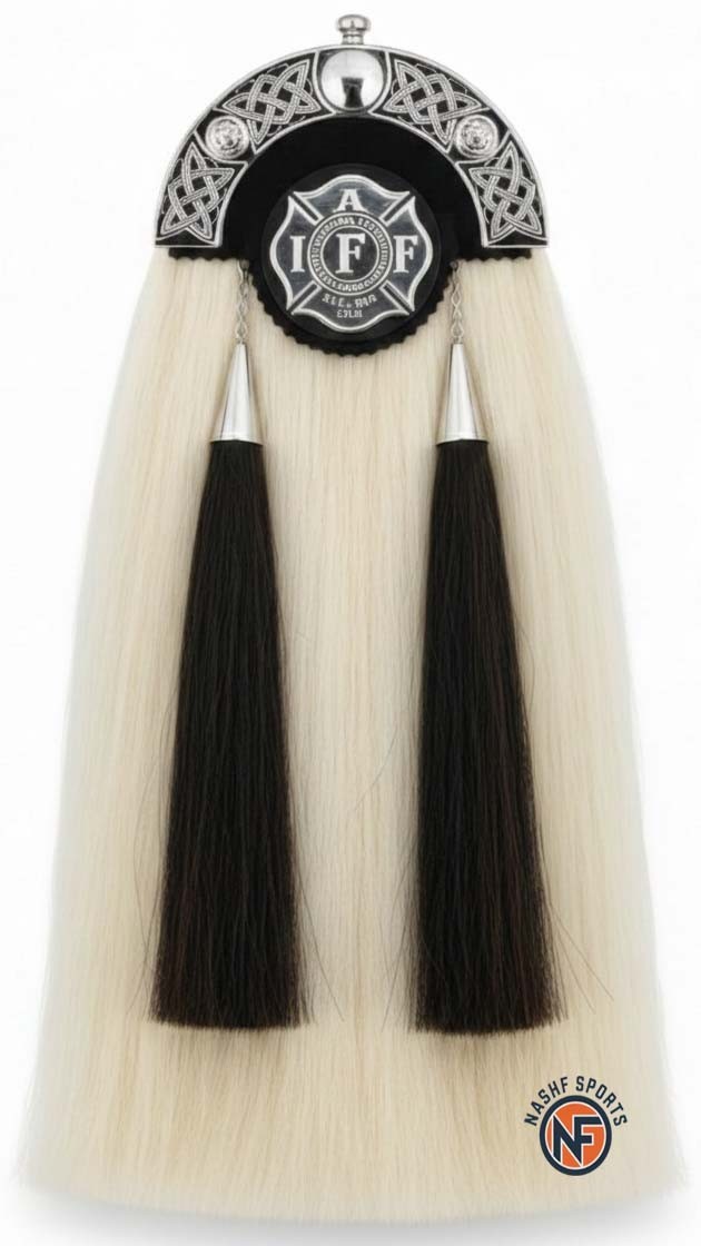 Scottish Firefighter Horsehair Sporran White Black Tassels Silver Celtic Cantle