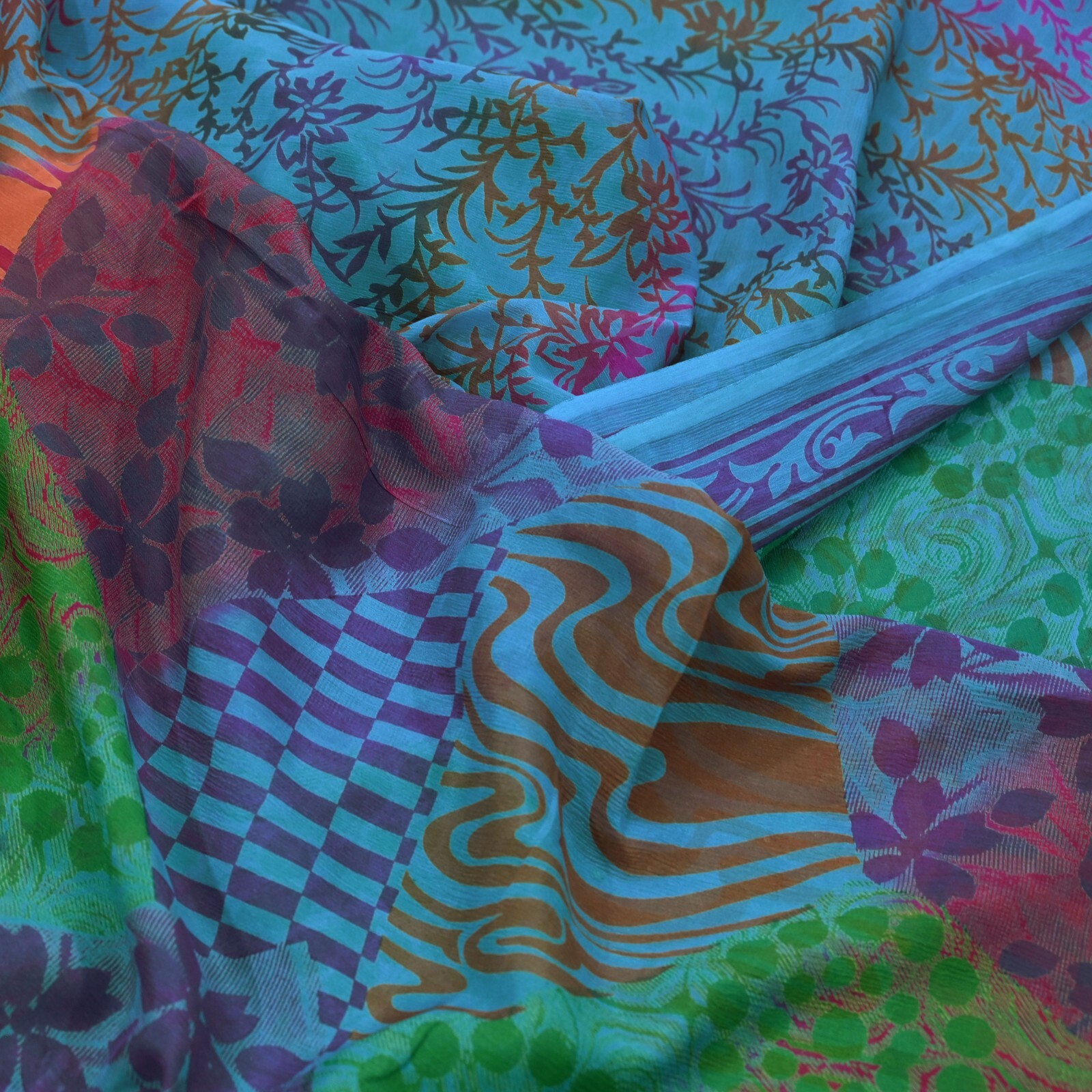Indian Vintage Sari Blue & Purple Pure Chiffon Silk Printed Sarees Craft Fabric
