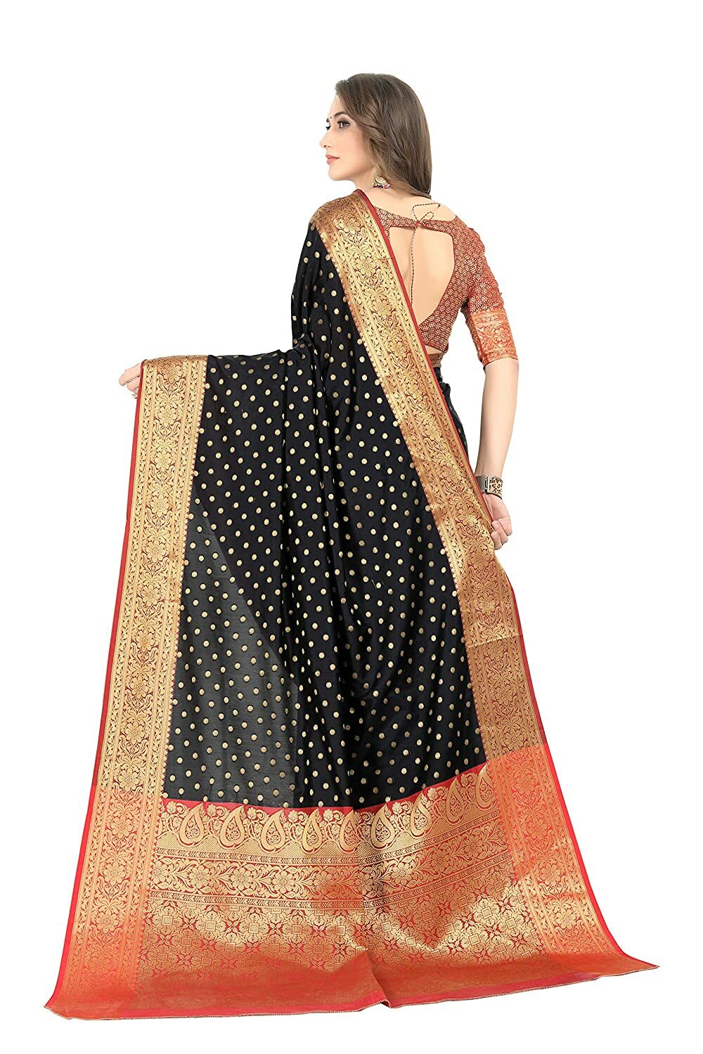 SORU FASHION Women’s Banarasi Silk Saree With Un-stitched Blouse (Black)
