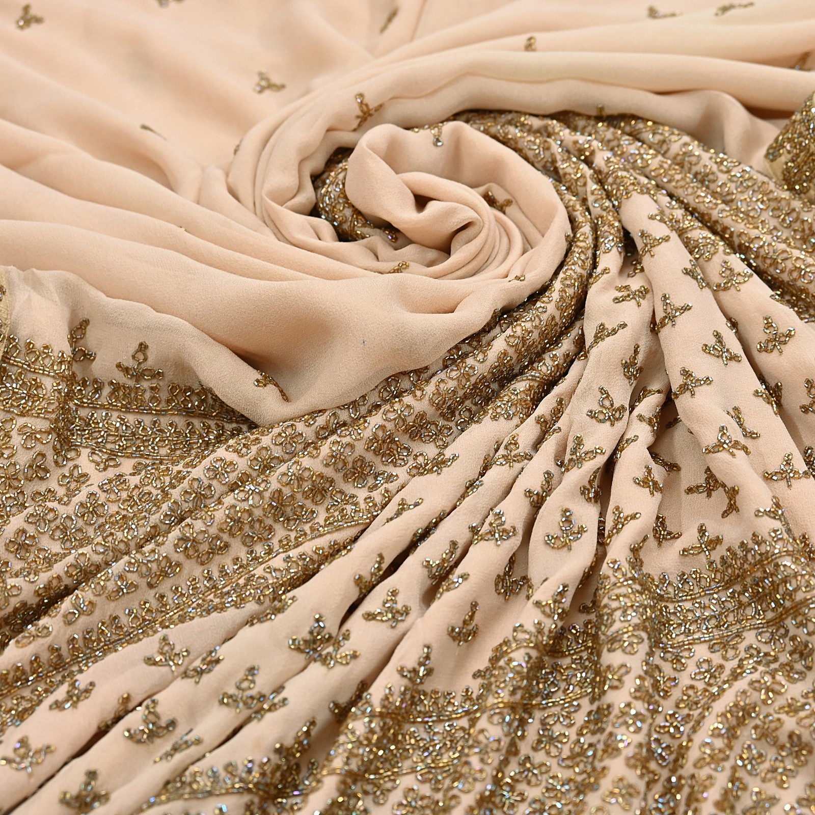 Rare Vintage Beige Georgette Silk Hand Embroidered Designer Sabyasachi Saree 6yd
