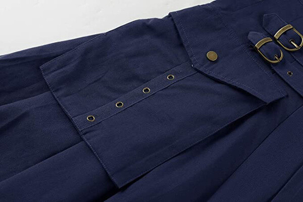 Blue Utility Kilt Highland Solid Pleated Buckle Straps Kilts with Cargo Pockets