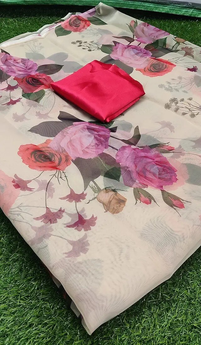 Designer Indian Organza Saree With Unstitched Blouse Piece For Women’s