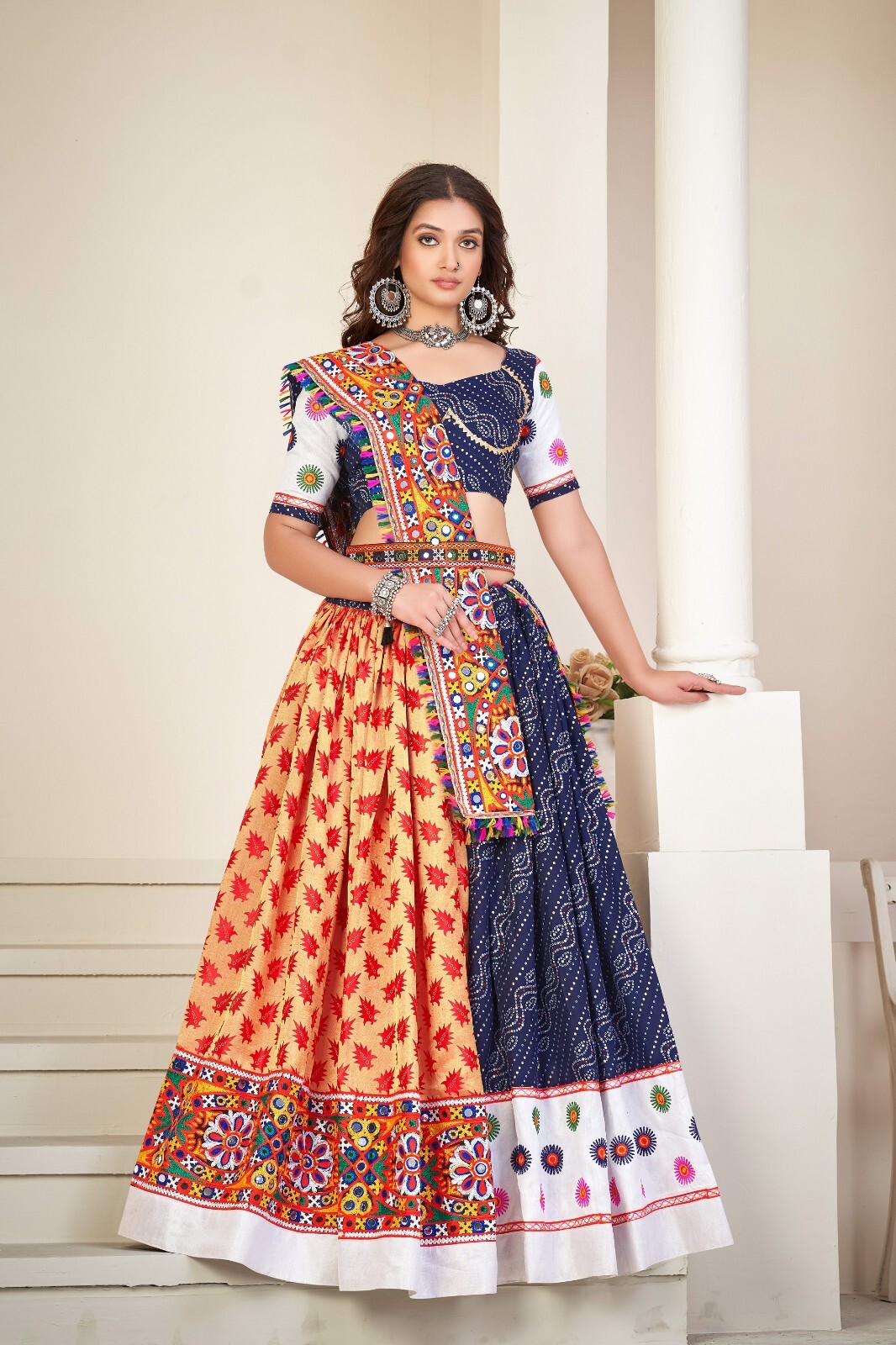 Blue Bandhani and Yellow-Red Gold Woven Multi Thread Work Belt Style Duptta Set