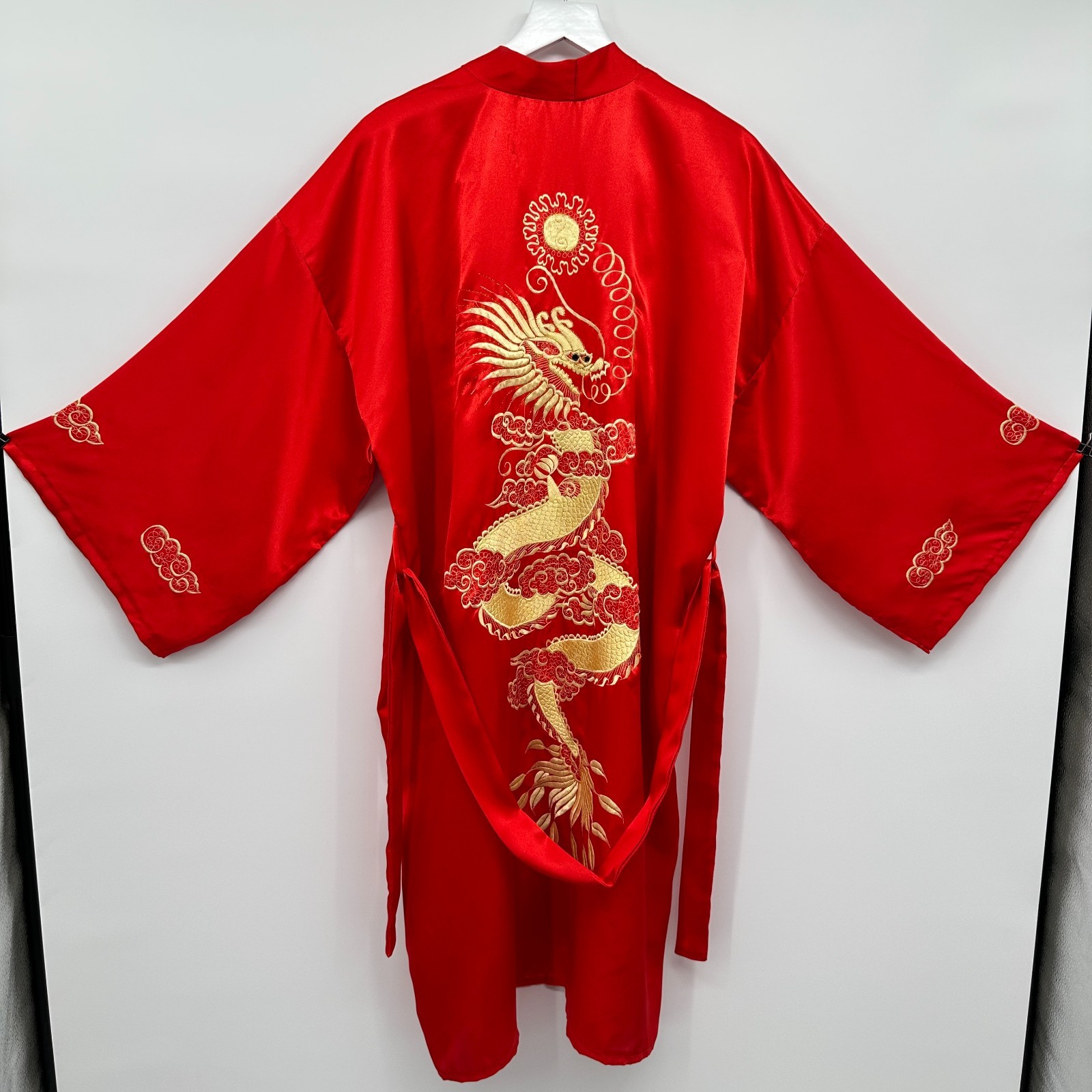 Vintage Silk Kimono Robe One Size Embroidered Dragon Silky Satin Lounge Yukata