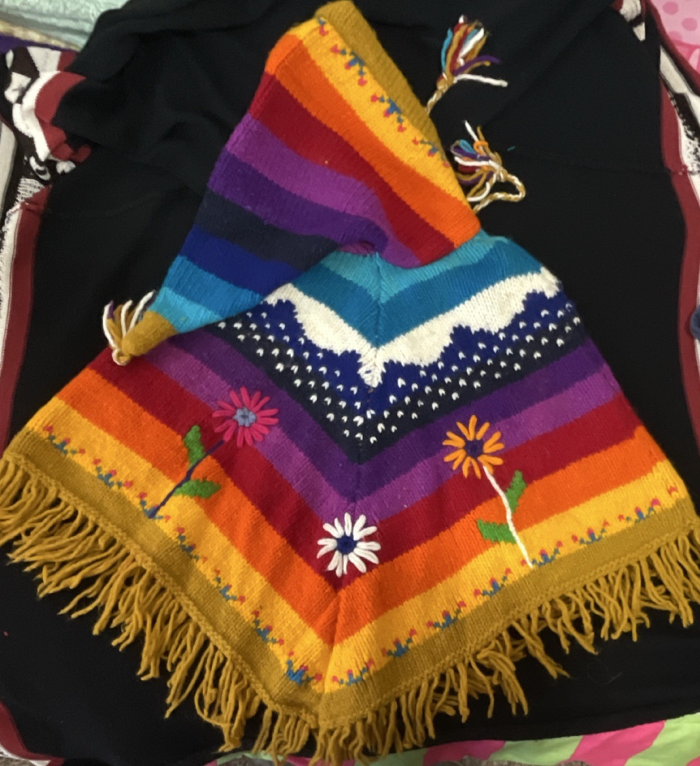 Handmade Multicolor Knitted Poncho with Hood Fringe Floral Motif for kids