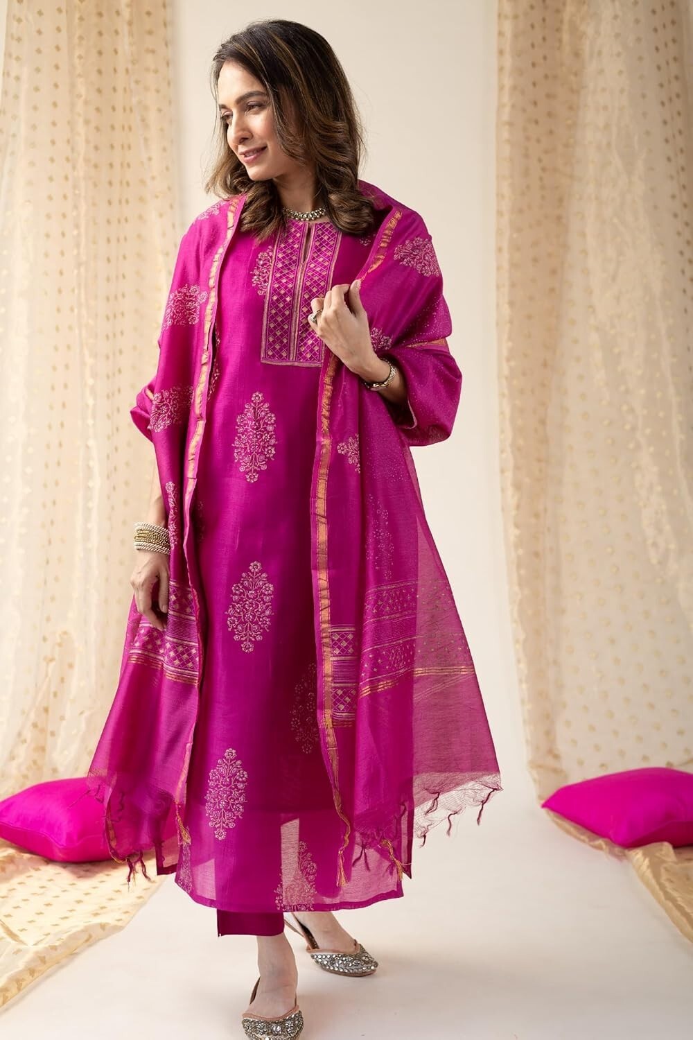 Women’s Rayon Blend Straight Printed Kurta with Pant & Dupatta