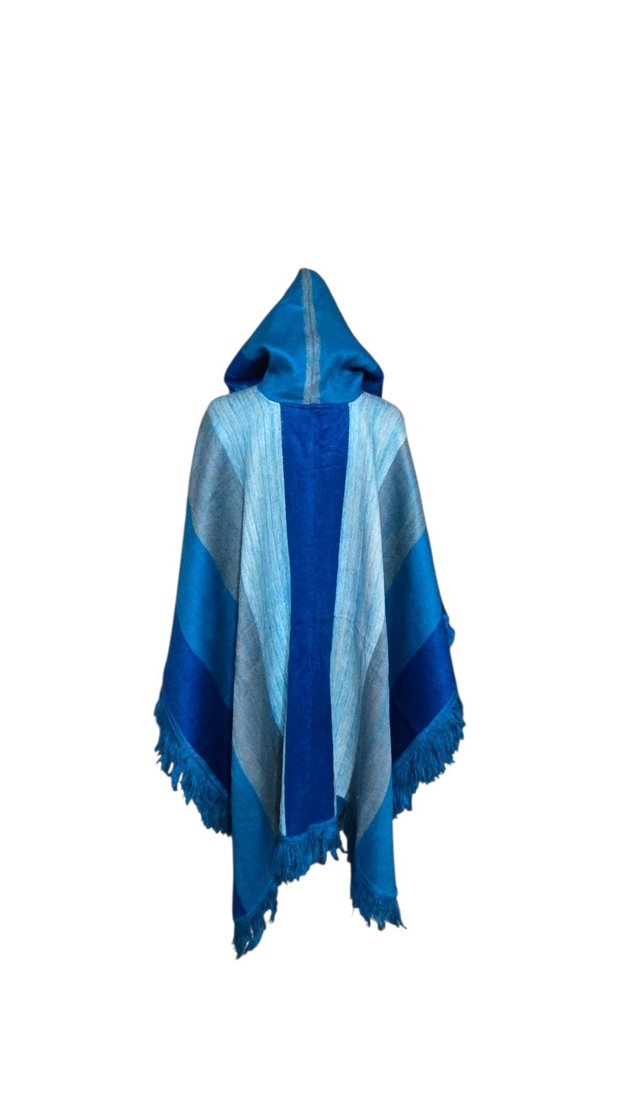 Alpaca Wool Bohemian Unisex Poncho Shades Of Blue Hooded Hand Woven From Ecuador