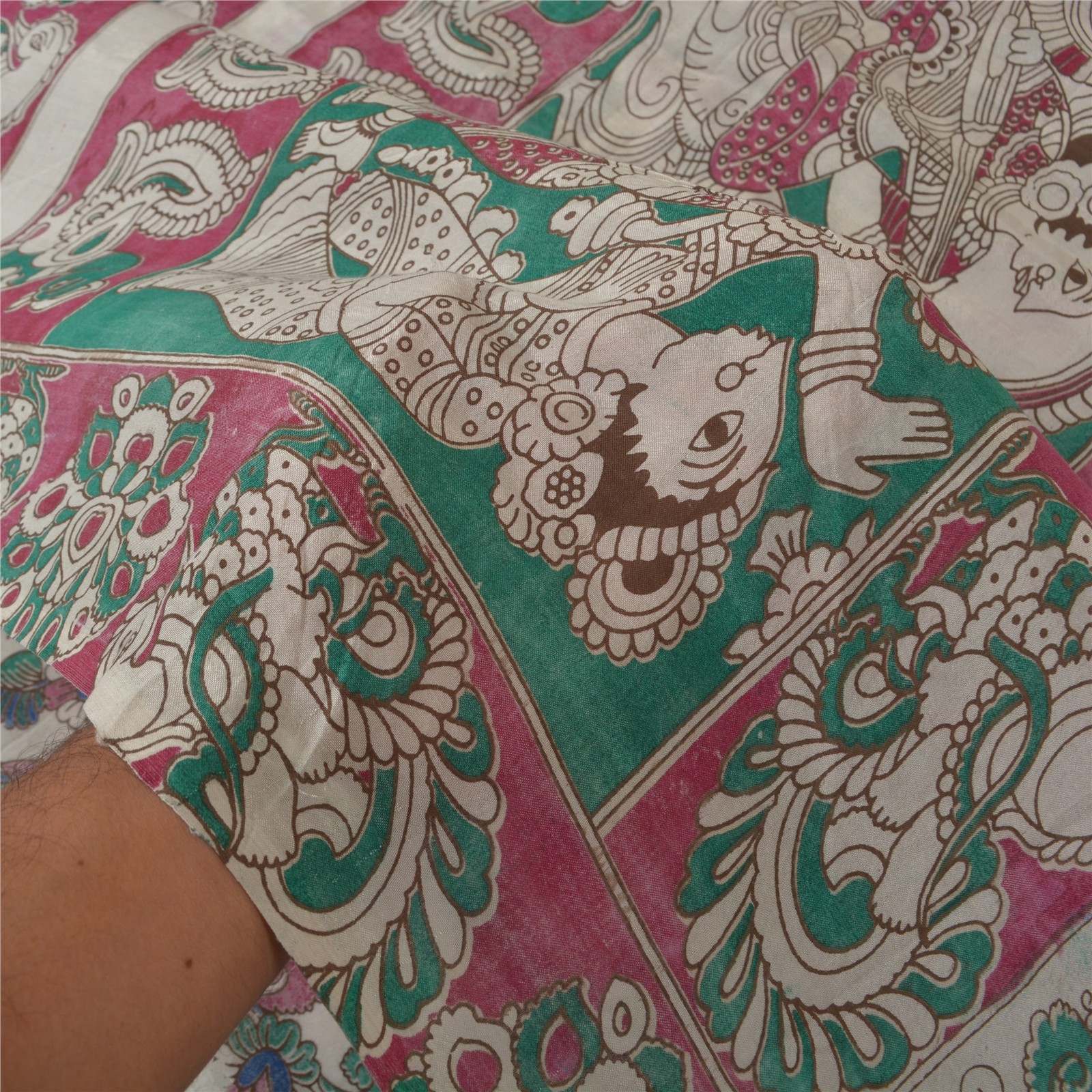 Sanskriti Vintage Ivory Sarees Blend Silk Handmade Kalamkari Peacock Sari Fabric