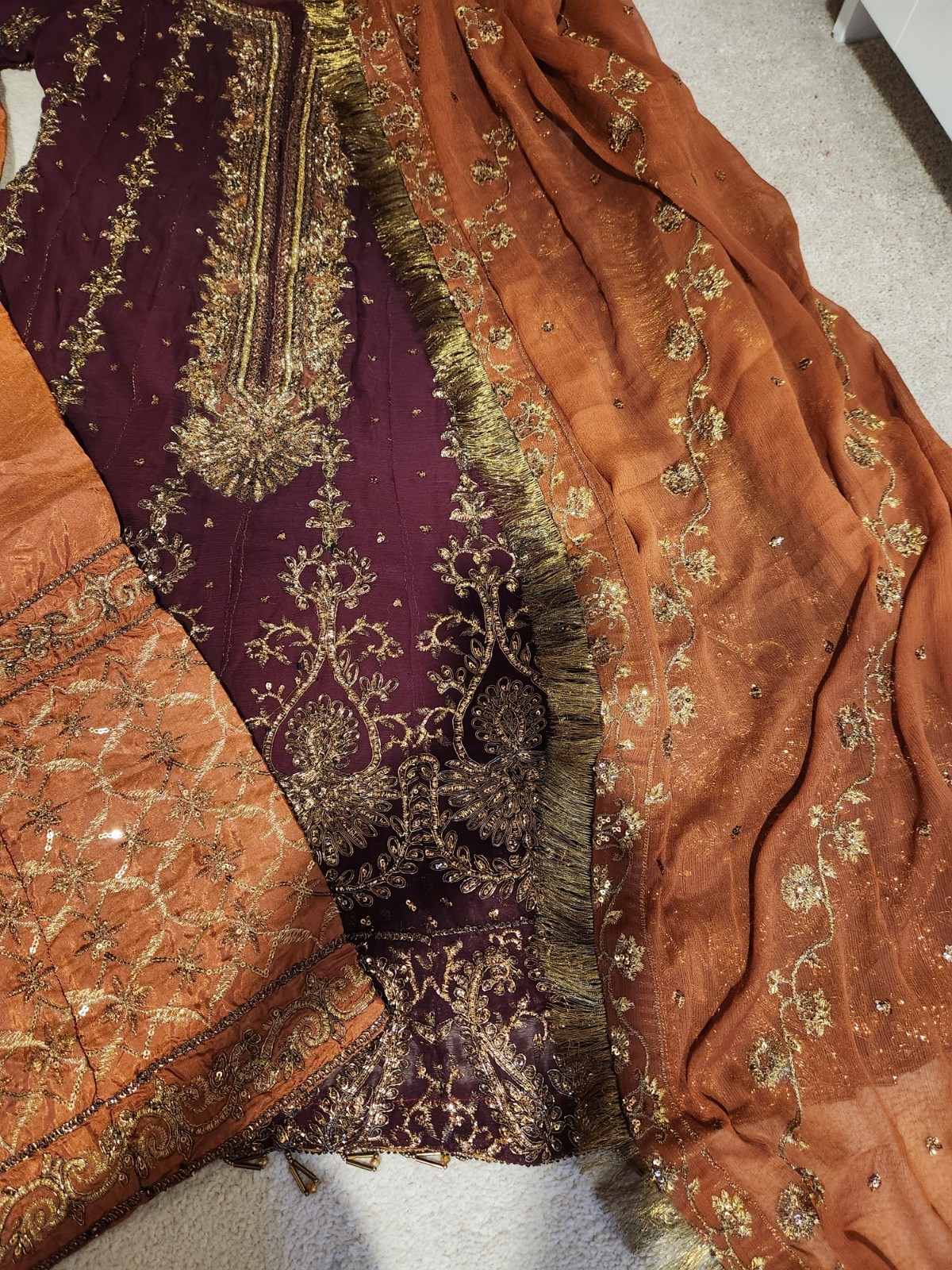 NEW Maroon And Orange Gold Embellished Indian Anarkali Dress Eid Wedding Party