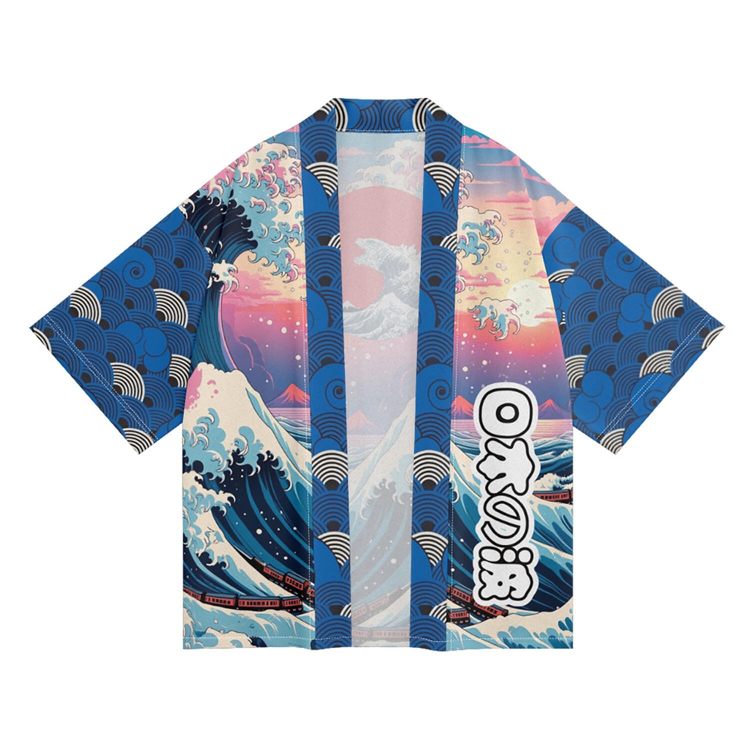 Niepce Men’s Japanese Graphic Lightweight Blue Waves Kimono Cardigan Shirt Top