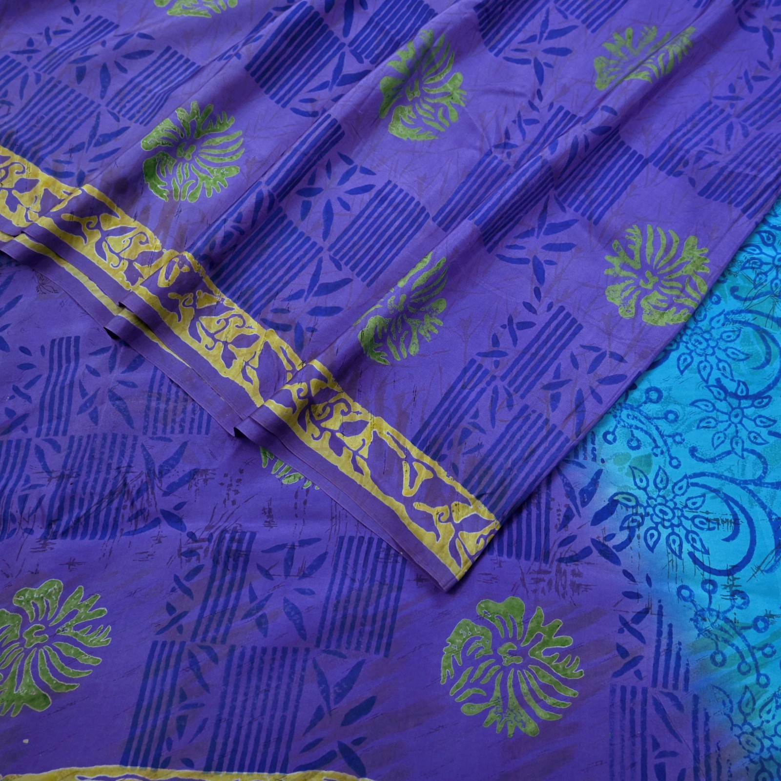 Vintage Sari Purple & Blue Pure Silk Printed Saree 6yd Sewing Craft Fabric Soft