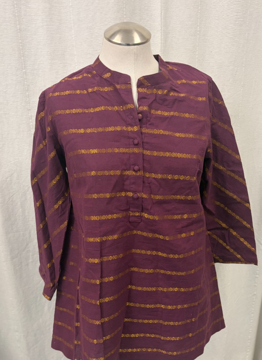Fabindia Medium Striped Kurta Blouse Top Shirt Gold Stripe Purple Tunic New NWT