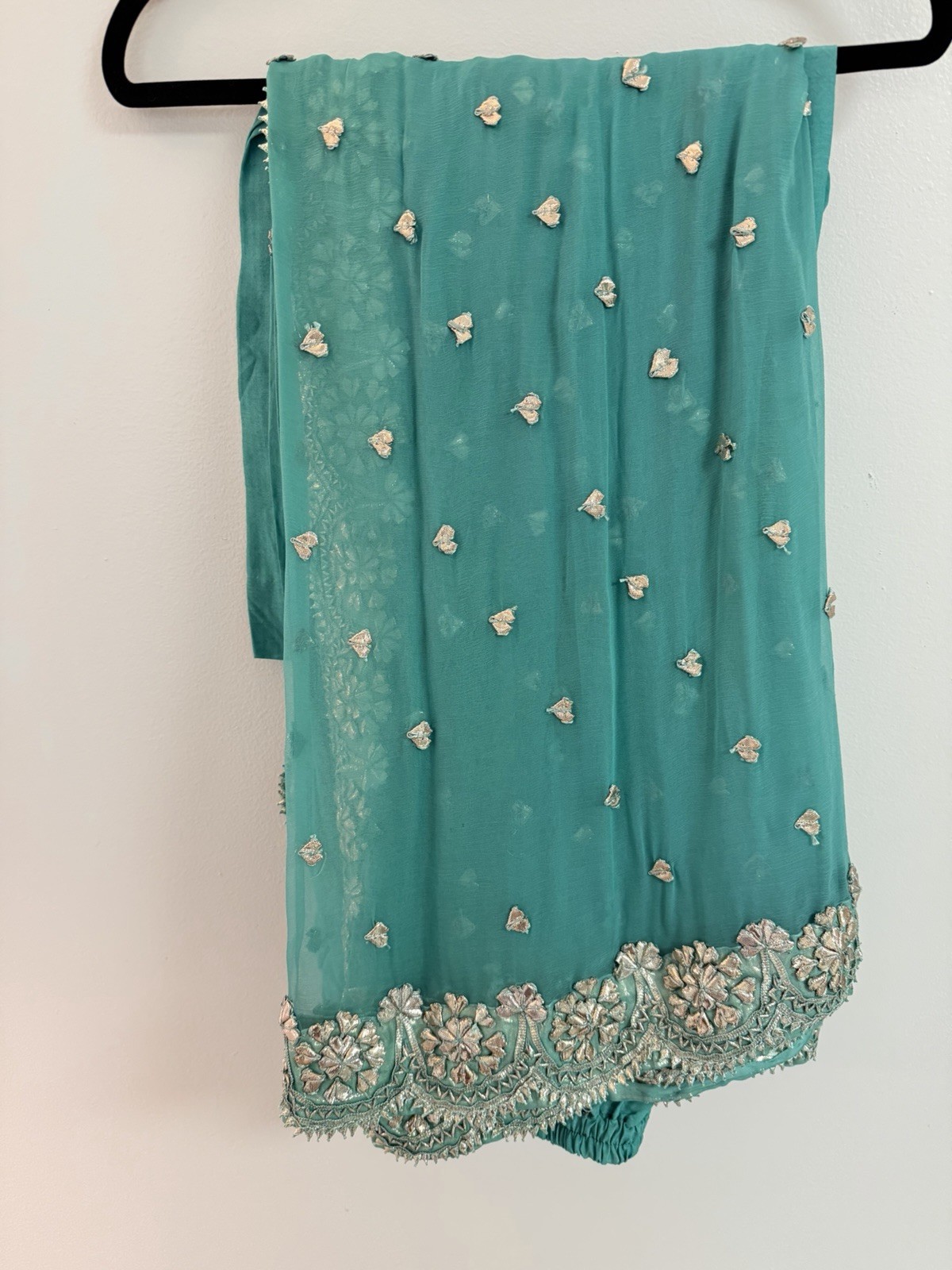 pakistani salwar kameez teal chiffon embroidered scarf women