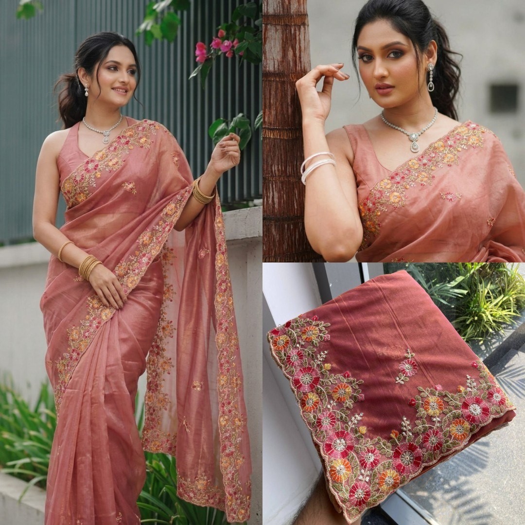 Soft Twill Net Embroidery Saree Wedding Party Wear Cutwork Saree Blouse