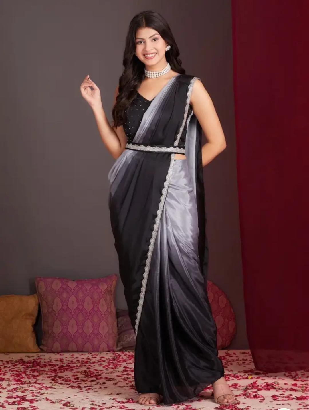 Wine Chinnon Ombre Ready To Wear Saree One Minute Saree Free Petticoat