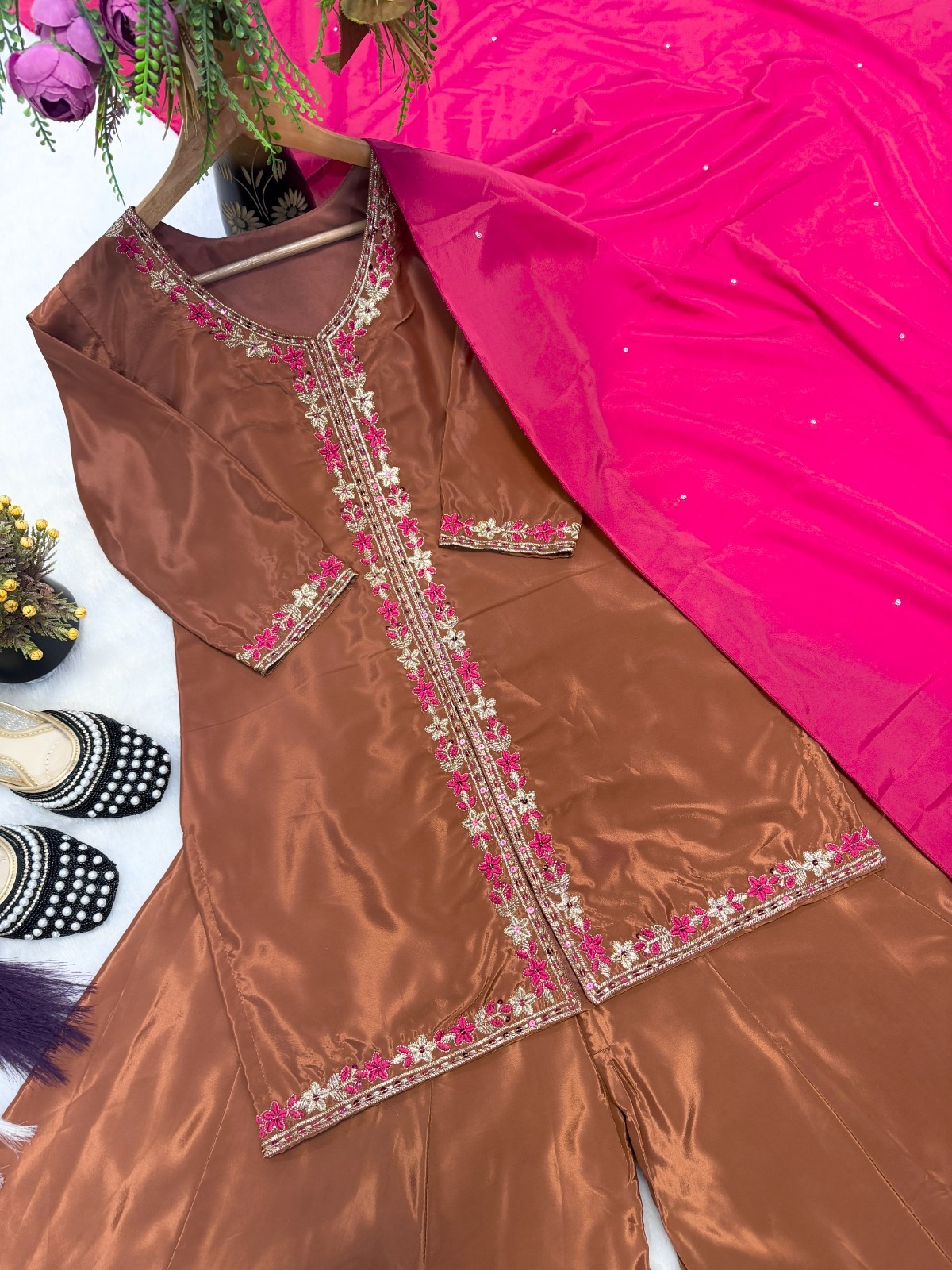 Fancy Designer Heavy Georgette Coffee Palazzo Suit And Dupatta For Function Wear