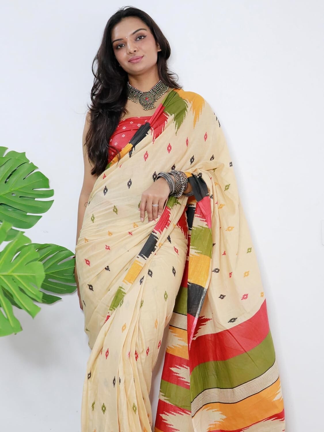 Women’s Ikat Printed Pure Cotton Ready To Wear one Minute Saree With Unstitched